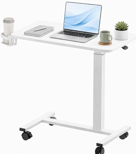 GTPLAYER Small Standing Desk with Wheels, Pneumatic Mobile Rolling Laptop Desk,Adjustable Height Overbed Bedside Table Computer Workstation for Home Office (28" W x 16" D, Ivory White)