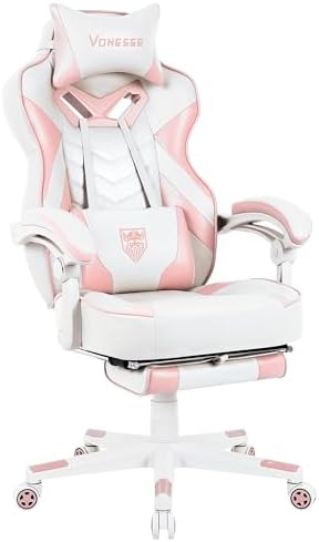 Vonesse Pink Gaming Chair, Big and Tall Gaming Chair with Footrest and Massage, Gaming Chairs for Adults with Lumbar Support, Ergonomic High Back Computer Chair with Pocket Spring Cushion (White/Pink)
