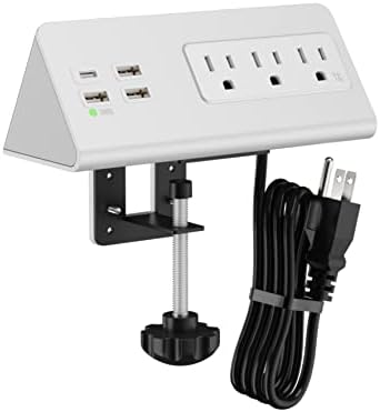 Nightstand Edge Mount Power Strip with USB-C Ports Tabletop Surge Protector Desk Clamp Power Sockets with 3 AC Outlets &4 Fast Charging USB Ports for Home Office Hotel and Dormitory