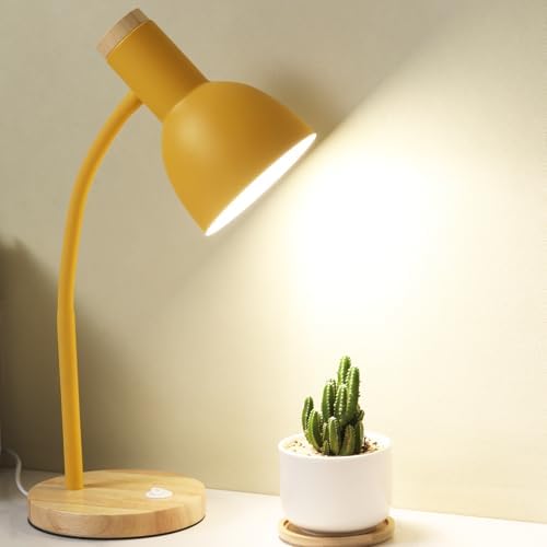 Adjustable Wooden Desk Lamp,Metal Shade Flexible Neck Table Lamp