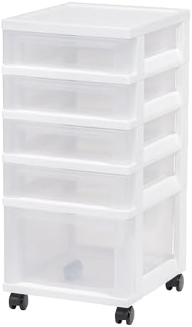 IRIS USA 5-Drawer Rolling Storage Cart with Organizer Top, White/Clear