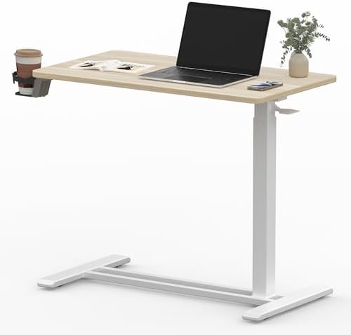 SANODESK 32''Pneumatic Adjustable Overbed Bedside Table with Hidden Casters
