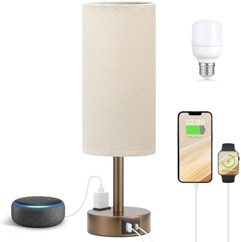 Fenmzee Brown Bedside Lamp for Bedroom, Dimmable Touch, USB A+C, AC Outlet