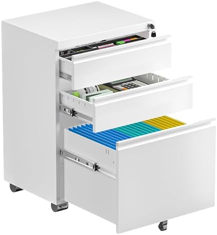 Bonusall 【Fully Assembled 3 Drawer White File Cabinet, Fully Assembled Metal Rolling Filing Cabinet with Lock, Under Desk Drawer Filing Cabinets for Home Office Fit A4/Letter/Legal