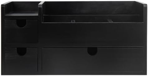 Vintage Black Wooden Desktop Organizer Removable Drawers Office Supplies Wood Storage Cabinet Caddy Box Stationery Pencil Slots Mail Holder Note Pads Accessories Home Makeup Tools Cosmetics