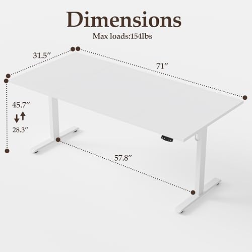 Klicelor 71 Inch Large Electric Standing Desk, Height Adjustable Office Desk, Sit Stand Up Computer Gaming Desk with Memory Preset, Three-Piece Desktop, White