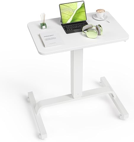 KINGSMITH Height Adjustable Mobile Standing Desk with 360° Swivel Casters, 29"-45" Pneumatic Rolling Desk on Wheels, Perfect for Home Office, Bedroom, Living Room, White