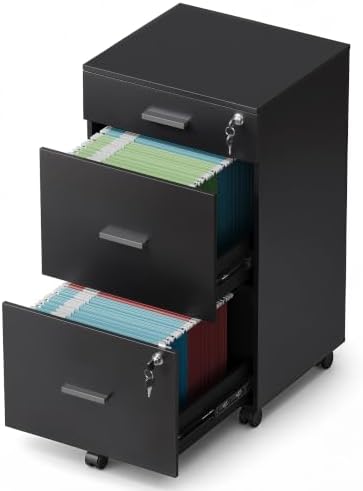 DEVAISE 3 Drawer Rolling File Cabinet with Lock, Wood Filing Cabinet fits Letter / A4 Size for Home Office, Black