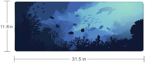 Blue Ocean Big Turtle Gaming Mouse Mat, XL 31.5 x 11.8 Inch Ocean Theme with Turtle Design, Extended Long Thin Desk Pad for Keyboard Mice, Thin Blue Mouse Pad