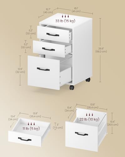 VASAGLE Mobile File Cabinet, 3 Drawers Filing Cabinet with Wheels