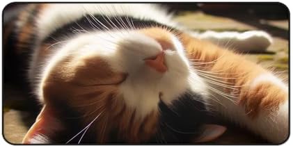 Calico Cat Desk Mat - Stretching Lazily in a Patch of Sun - Premium Rubber Base