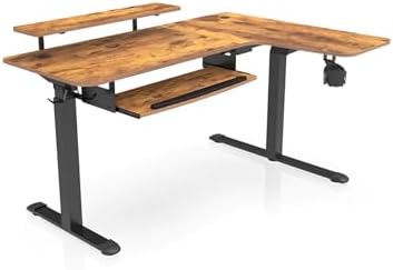 EUREKA ERGONOMIC Standing Desk with Keyboard Tray, Computer Desk, 61" L Shaped Electric Adjustable Height Desk w Monitor Stand LED, Corner Sit Stand Desk Gaming Desk, Dual Motor,Right/Rustic Brown