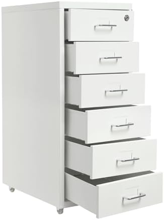 6 Drawer Rolling File Cabinet with Lock, Metal Filing Cabinet with Wheels, Desk Organizer with Drawer, Under Desk Storage for Home Office