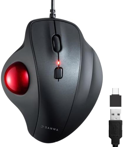 SANWA Wired Trackball Mouse, USB-C/A Port, Silent Clicks, Programmable, Red