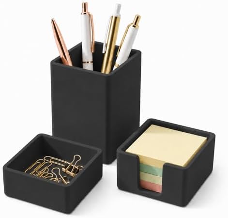 minimaliving Aesthetic Silicone Desk Organizer Set of 3,Modern Office Desk Accessories with Pen Holder,Paperclip Tray,Sticky Note Holder,Stylish Functional Office Desk Decor for Back-to-school(Black)