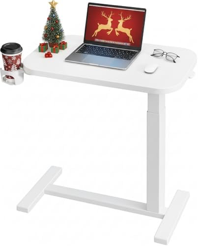 HUANUO 28Inch Bedside Table with Wheels, Height-Adjustable Rolling Computer Cart, Overbed Table with Cup Holder, Pneumatic Laptop Standing Desk for Home Office, White