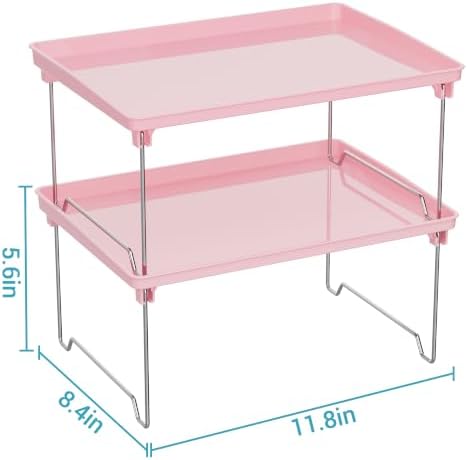 STARLATTA 2 Pcs Cabinet Organizer Shelf，Stackable Kitchen Counter Shelves, Spice Rack,Countertop Organizers，Pink Plastic Storage Shelves Rack for Makeup，Bathroom, Cupboard，Desk，Pantry Organization