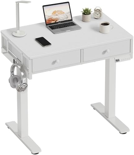 White Electric Standing Desk with Drawers, 32 Inch Small Adjustable Desk with Storage, Stand Up Computer Study Writing Desks for Small Space Home Office Bedroom, Sit Stand Work Desks for Walking Pad