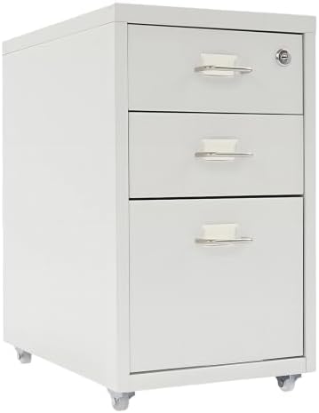 3 Drawer File Cabinet with Lock, Freestanding Filing Metal Drawers Organizer Vertical Metal Rolling Organizer Movable Under Desk Cabinet with Wheels for Home Office Living Room Study (3 Tiers White)