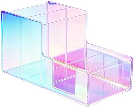 Iridescent Acrylic Desk Organizer with 3 Compartments - Clear Pencil Holder for Office, School & Home - Large Capacity Stationery Storage for Pens, Scissors, Sticky Notes, Paper Clips - Non-Slip Base