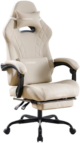 Gaming Chair with Footrest and Massage Lumbar Support, Ergonomic Computer Gamer Chair, Office Video Game Chairs with Adjustable Height and Backrest (Beige)