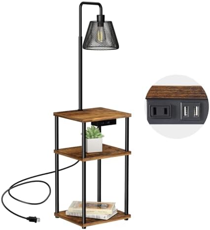 Floor Lamp with Table and Shelves, Side Table with USB Charging Port and Outlet, Modern Bedside Nightstand End Table with Lamp for Living Room, Bedroom, Guest Room, Bulb Included