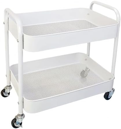 2 Tier Short Rolling Cart with Wheels for Under Desk Storage & Pantry Storage, Large Capacity Metal Kitchen Utility Cart for Small Space, Laundry Room Organizer Side Table with 4 Hooks, White