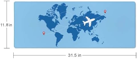 World Map with Airplane Desk Mat Blue Large Mouse Pad XL Extended Gaming Mousepad Keyboard Mouse Mat Desk Pad for Computer Laptop 31.5''X11.8'' Non-Slip Rubber Base with Stitched Edges