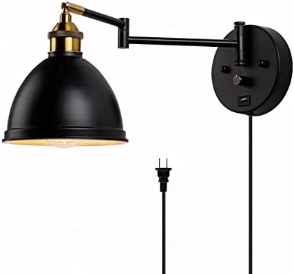 Swing Arm Wall Sconces, Plug-in Wall lamp,Bedroom Wall lamp ， White Fabric Shade，，with dimmable Switch and USB Charging Port, Suitable for Bedside, Living Room, Reading (Metallic Black)