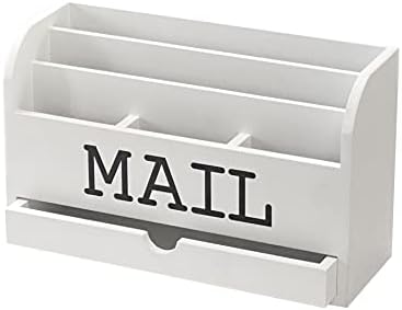 Cregugua White Desk Organizer Wooden Mail Storage box for tabletop office home,5 compartments with Drawer (4x11.8x7 in)