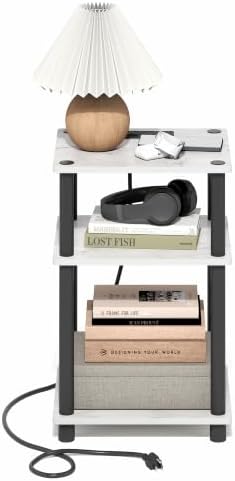 Furinno Just 3-Tier Night Stand with Charging Station, Light Marble