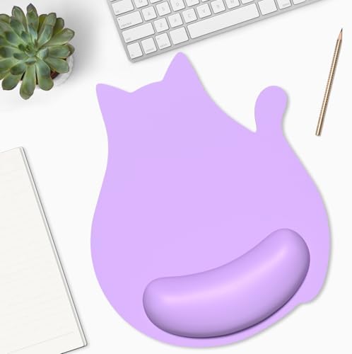 Ergonomic Mouse Pad with Wrist Rest, Cute Cat Memory Foam Padded Pain Relief Non-Slip Wrist Support Mouse Mat for Gaming Work Computer Laptop, Funny Office Supplies Desk Accessory, Purple