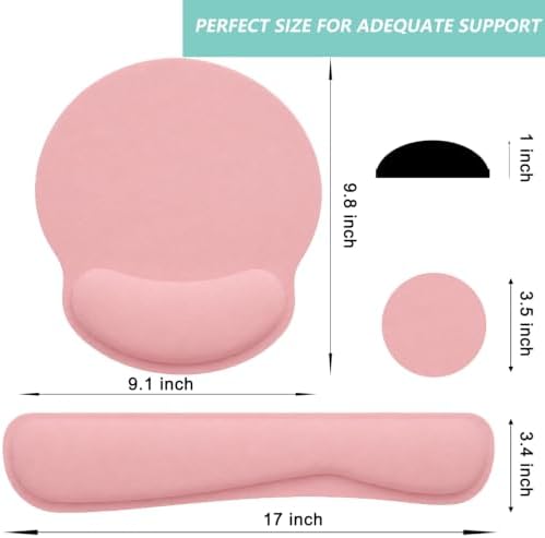 Keyboard Wrist Rest Pad Mouse Pad with Wrist Support Set of 3, Mousepad with Non-Slip Rubber Base, Ergonomic Memory Foam Mouse Wrist Cushion Support for Home Office Laptop Computer, Pink