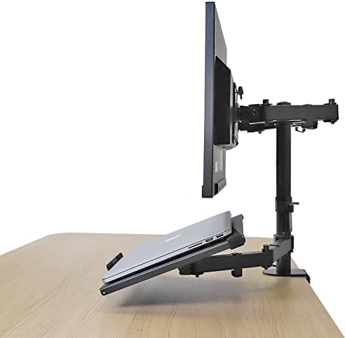 AEONS Dual Monitor and Laptop Desk Mount Combo Stand with Notebook Tray fits 17 inch, 3-in-1 Adjustable Triple Arm Mount fits 27 inch LCD Screen with VESA, Clamp and Cable Management, Black