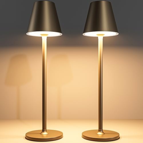 Timjorman 2-Pack Cordless Table Lamps - 5000mAh Rechargeable Battery Operated Desk Lamp, 3-Level Dimmable LED Night Light for Bedroom, Dining, Restaurant - Metal Design(Khaki-2Pack)