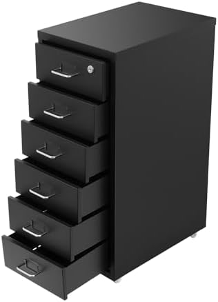 6 Drawer File Cabinet with Lock, Freestanding Filing Metal Drawers Organizer Vertical Metal Rolling Organizer Movable Under Desk Cabinet with Wheels for Home Office Living Room Study (6 Tiers Black)