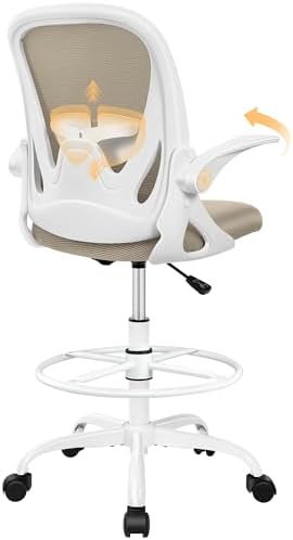 Primy Drafting Chair Tall Office Chair with Flip-up Armrests Executive Ergonomic Computer Standing Desk Chair with Lumbar Support and Adjustable Footrest Ring（Khaki）