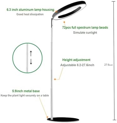 Yadoker 72 LEDs Full Spectrum Plant Grow Light with Base for Indoor Plants，Height Adjustable, 6.3" Aluminum Housing,Automatic Timer with 8/12/16 Hours,10-Level Brightness,Black Plant Light,1 Pack