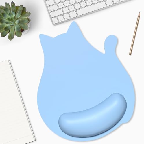 Ergonomic Mouse Pad with Wrist Rest, Cute Cat Memory Foam Padded Pain Relief Non-Slip Wrist Support Mouse Mat for Gaming Work Computer Laptop, Funny Office Supplies Desk Accessory, Sky Blue