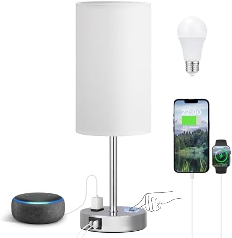 Fenmzee 17.4" White Lamp for Bedroom - Dimmable Touch, USB A+C, AC Outlet