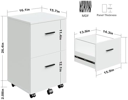 Panana 2 Drawer Mobile File Cabinet, Wood Rolling Filing Cabinet Printer Stand Under Desk Storage Organizer Fits Letter Size File Folders for Home Office (White)