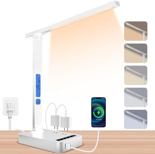 snsok Smart Desk Lamp with Dual USB Charging (Type-C/USB-A) & 2 AC Outlets, Digital Clock, Temperature Display, 5 Color Modes, 5 Brightness, Adjustable - for Office, Bedroom, Dorm Room, Study
