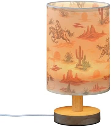 Bedside Lamp West Cowboy Horse Cactus Table Lamp for Bedroom LED Nightstand Lamp Shade USB Ports Wood Base for Living Room Dorm Office