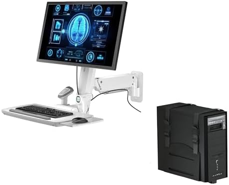MED02 Medical Wall Mount Workstation with Folding Keyboard Tray | Large Sliding Mouse Pad | Height Adjustment Space Save Folding Design for 17"-35" Screen | Scanner Holder With CPU Wall Mount