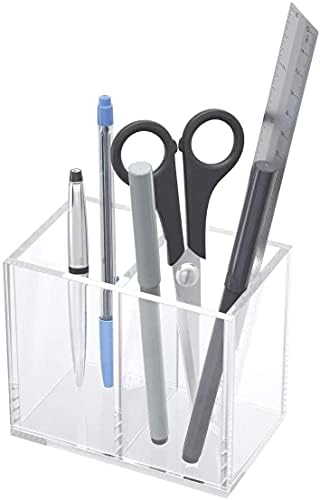 NIUBEE Acrylic Pen Holder 2 Compartments, Clear Pencil Organizer Cup for Countertop Desk Accessory Storage