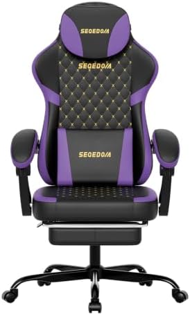 Ergonomic Gaming Chair with Footrest & Massage Lumbar Pillow, Height Adjustable 360° Swivel Computer Chair, Linked Armrest & Headrest for Office Gaming (Black Purple)