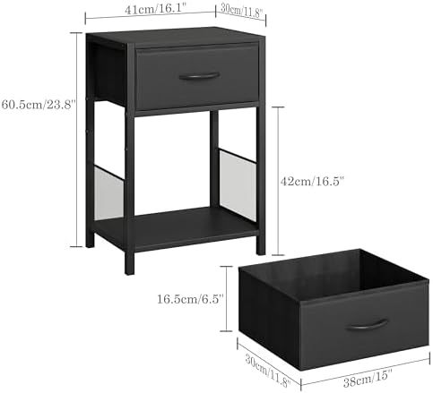YAUKOMEL Nightstand Set of 2 with Fabric Drawer, Black Bedside Table