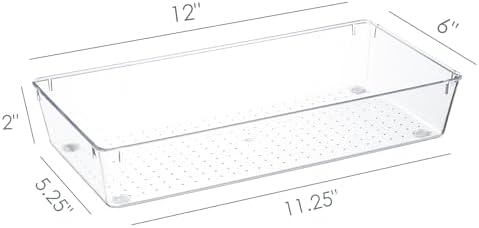 Kingrol 6 Pack 12 x 6 x 2 Inch Clear Drawer Organizer Trays, Desk Drawer Divider Storage Bins, Storage Box Set for Utensils Junks Vanities Makeups Jewelry Office Craft Supplies