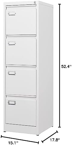 BYNSOE 4 Drawer File Cabinet with Lock Metal Vertical File Storage Cabinet Office Home Steel Vertical File Cabinet for A4 Legal/Letter Size Narrow File Cabinet Locked,Assembly Required