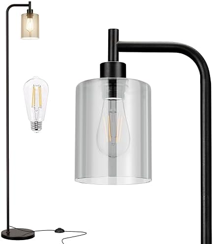 Ziisee Floor Lamps for Living Room - Standing Lamp with Grey Glass Shade, Modern Floor Lamp with LED Bulbs, Industrial Floor Lamp for Bedroom, Black Tall Lamp for Office(Light Bulb Included)